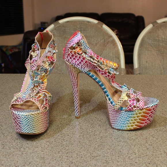 Multi_Colored Stiletto Heel Platform Sandals 12/45 - Picture 5 of 8